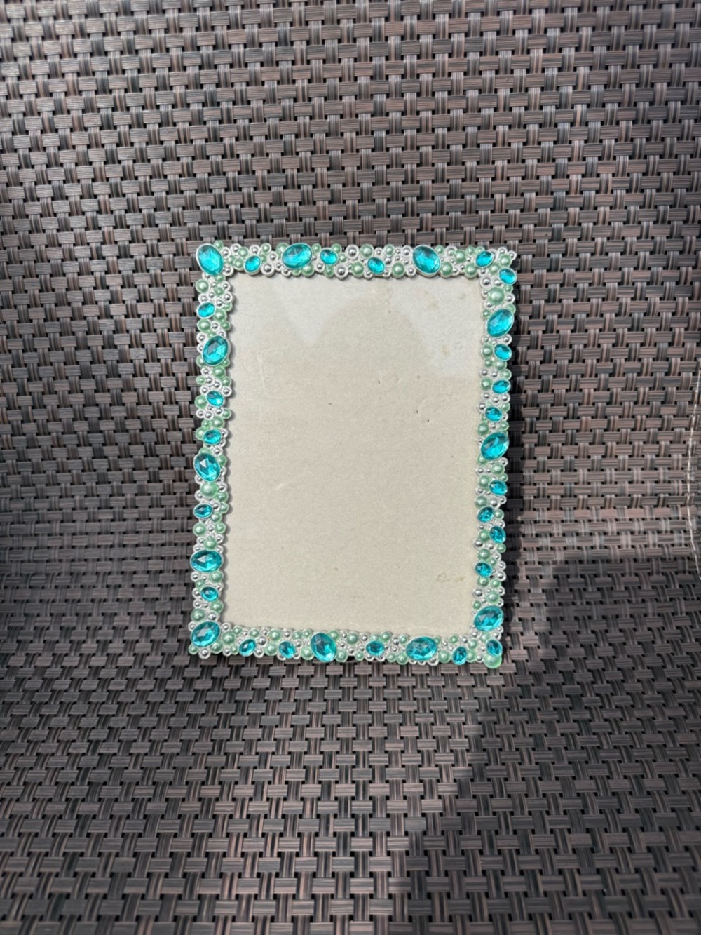 5x7 inch silver-toned picture frame  with teal blue and clear rhinestones